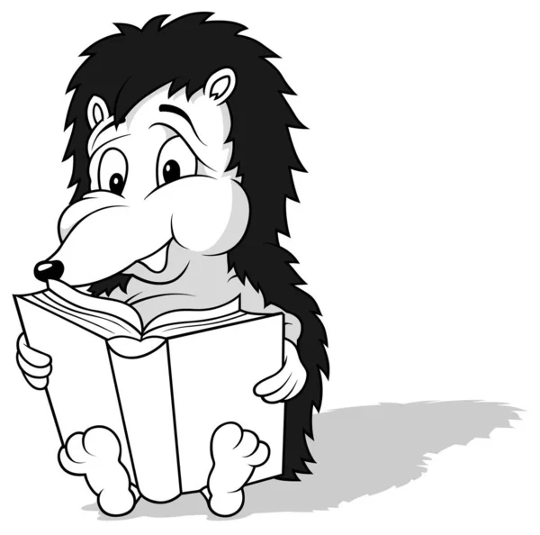 Tekening Van Een Hedgehog Lezing Een Open Boek Illustratie Van — Stockvector