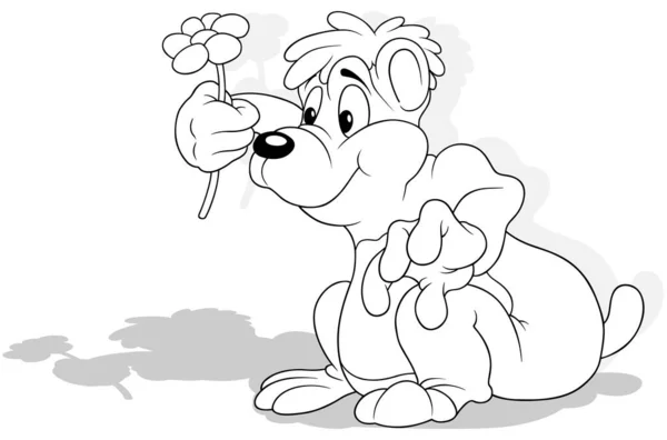 Рисунок Симпатичного Сидящего Плюшевого Медведя Цветком Лапе Карикатура Изолированная Белом — стоковый вектор