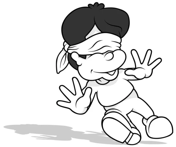 一个小男孩在一个盲人的发夹上玩游戏的图画 以白色背景为背景的卡通画 — 图库矢量图片