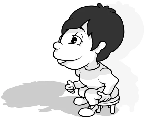 スツールに座っている黒い髪の男の子の絵 漫画のイラストは白い背景に隔離され ベクトル — ストックベクタ