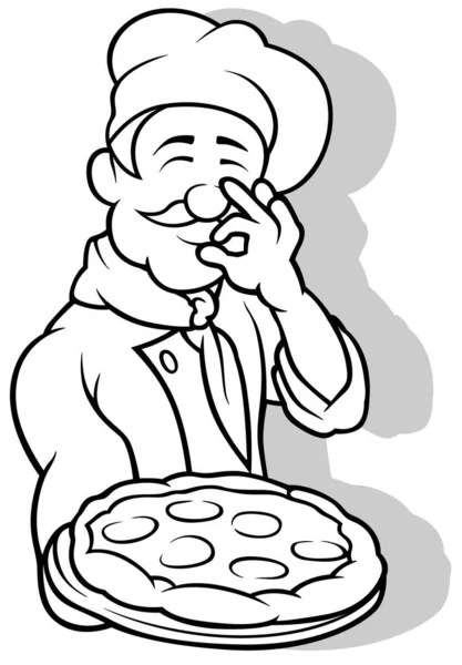Dessin Chef Tenant Une Pizza Illustration Bande Dessinée Isolée Sur — Image vectorielle