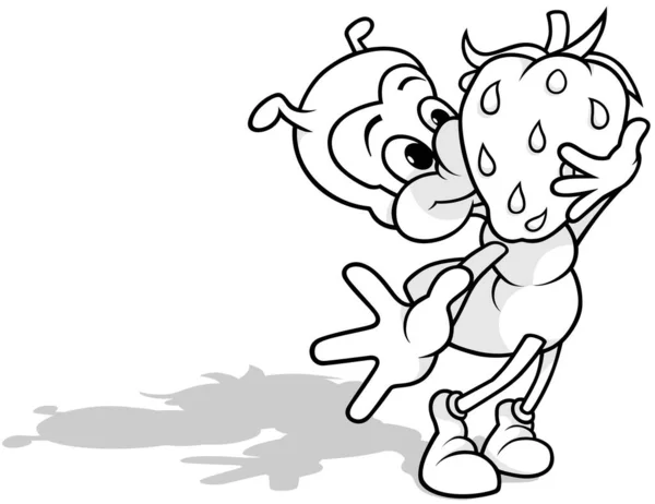 Zeichnung Einer Ameise Die Eine Erdbeere Trägt Cartoon Illustration Auf — Stockvektor