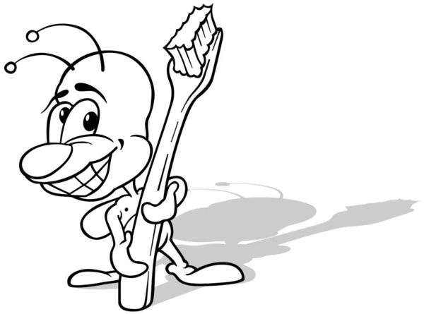 画上一只带着大大的微笑 手持牙刷的站立的甲壳虫 以白色背景为背景的卡通画 — 图库矢量图片