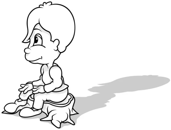 一个黑头发男孩坐在树桩上的图画 以白色背景为背景的卡通图解 — 图库矢量图片