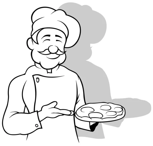 Desenho Chef Apresentando Uma Pizza Salame Ilustração Dos Desenhos Animados —  Vetores de Stock