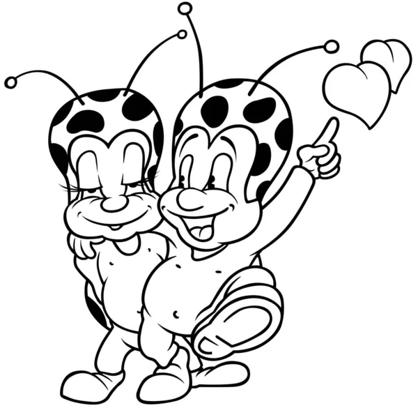 Σχέδιο Δύο Amorous Ladybugs Εικονογράφηση Κινουμένων Σχεδίων Που Απομονώνονται Λευκό — Διανυσματικό Αρχείο