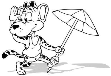 Pençesinde şemsiye olan neşeli bir leoparın çizimi - Beyaz Arkaplanda izole edilmiş karikatür tasviri, Vektör