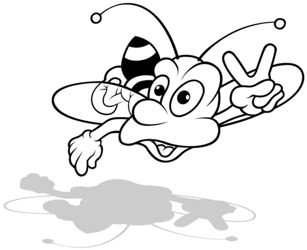 Tekening Van Een Grappige Vliegende Bij Toont Overwinning Cartoon Illustratie — Stockvector