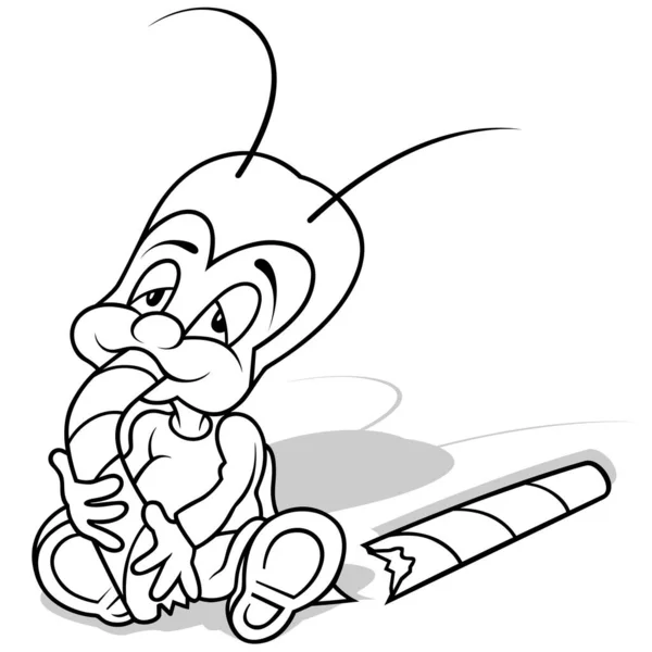 Disegno Grillo Seduto Terra Mangiare Caramelle Dolci Illustrazione Del Fumetto — Vettoriale Stock