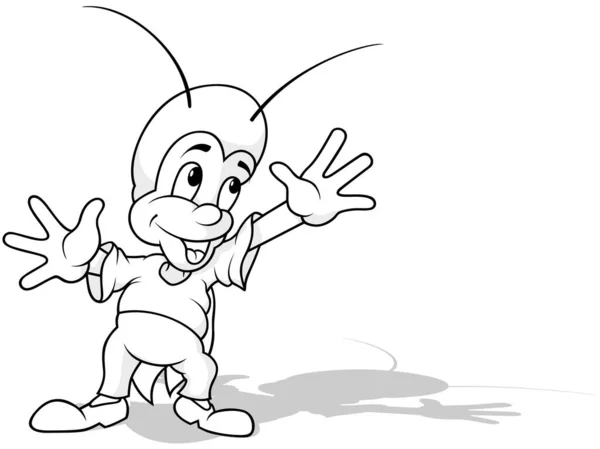 画中的一个欢快的蟋蟀 手臂在头顶上方 以白色背景为背景的卡通图解 — 图库矢量图片