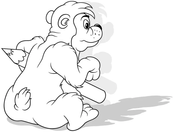 Drawing Bear Crayon His Arm Sitting Ground Rear View Cartoon — Stock Vector
