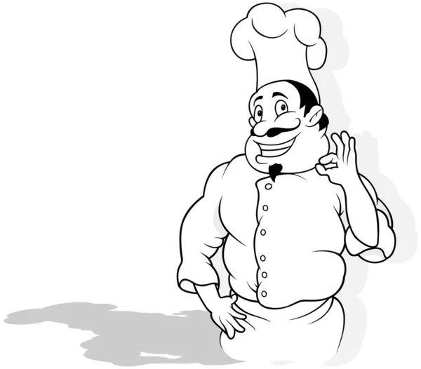 Dibujo Chef Uniforme Blanco Que Muestra Con Mano Que Comida — Archivo Imágenes Vectoriales