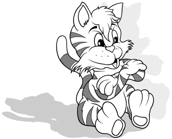 用交叉爪子画一只坐着的带条纹猫 以白色背景 矢量为背景的卡通画图 — 图库矢量图片