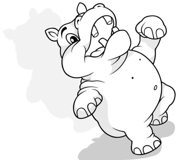 Drawing Hippo Open Mouth Dancing Ground Cartoon Illustration Isolated White — стоковий вектор