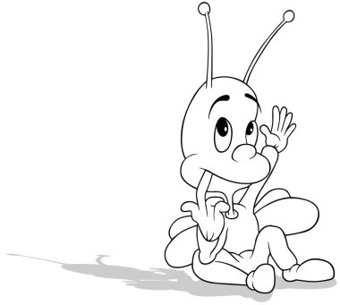 Ağızında bir parmak olan yerde oturan bir böceğin çizimi - Beyaz Arkaplanda izole edilmiş çizgi film tasviri, Vektör