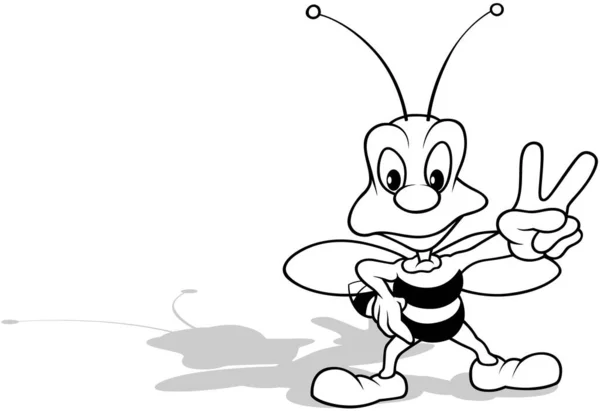 Zeichnung Einer Stehenden Biene Die Den Sieg Zeigt Cartoon Illustration — Stockvektor