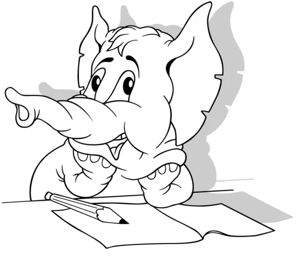 Drawing Elephant Desk Pencil Paper Cartoon Illustration Isolated White Background — Stock Vector