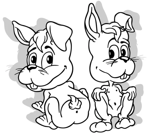 Рисунок Двух Милых Кроликов Сидящих Земле Иллюстрация Мультфильма Изолированы Белом — стоковый вектор