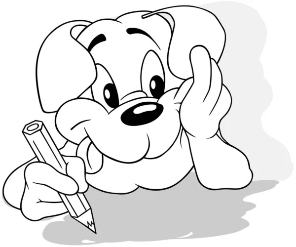 ページの中のクレヨンで嘘をつく犬の絵 漫画イラストIsolated White Background Vector — ストックベクタ