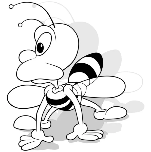 Zeichnung Einer Biene Auf Allen Vier Gliedmaßen Mit Gedrehtem Kopf — Stockvektor