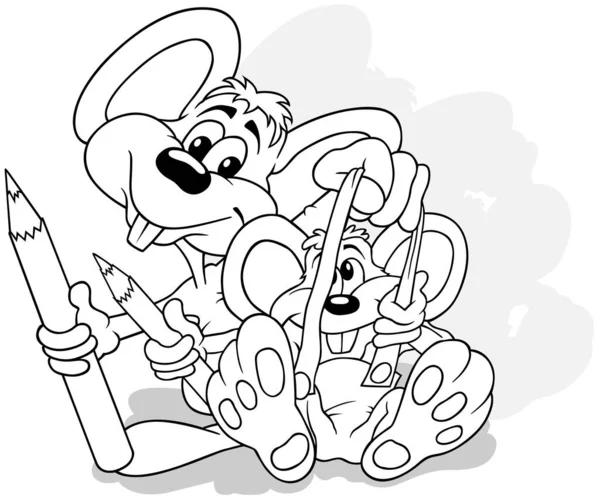 Kresba Dvou Legračních Myší Držících Pastelky Kreslené Ilustrace Izolované Bílém — Stockový vektor
