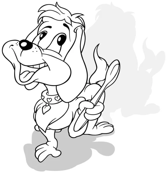 Disegno Simpatico Sorridente Cagnolino Marrone Con Cucchiaio Zampa Illustrazione Del — Vettoriale Stock