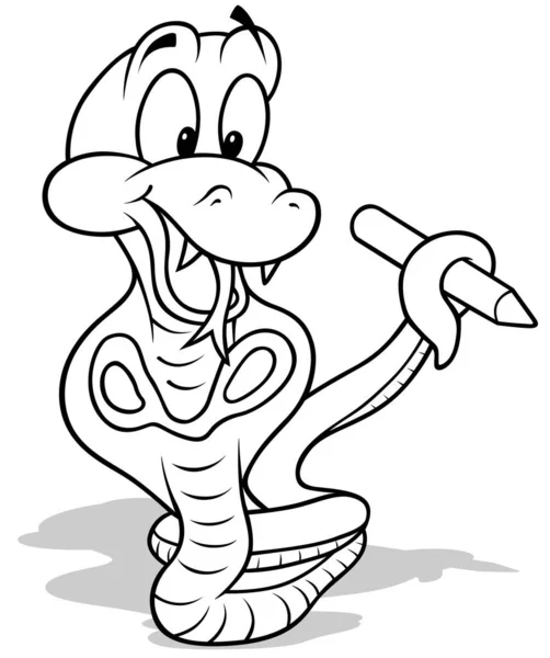 Dibujo Una Cobra Sonriente Sosteniendo Crayón Ilustración Dibujos Animados Aislada — Vector de stock