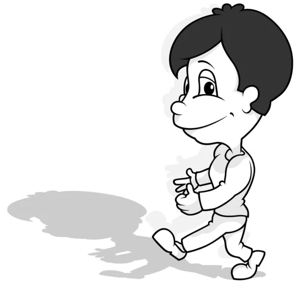 地面上一个黑发男孩行走的图画 以白色背景为背景的卡通图解 — 图库矢量图片