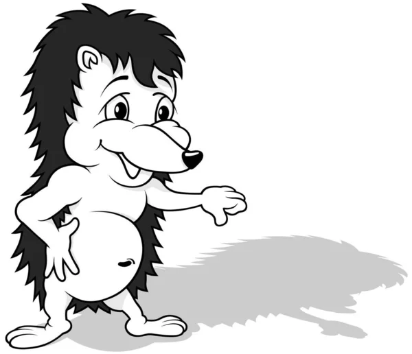 Drawing Standing Hedgehog Raised Paw Cartoon Illustration Isolated White Background — Stock Vector