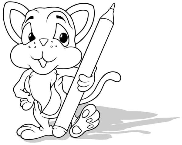 Drawing Cute Kitten Holding Felt Tip Pen Cartoon Illustration Isolated — Stock Vector