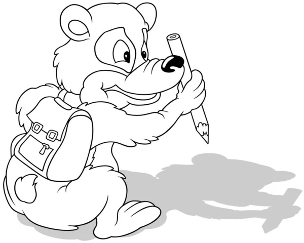 Рисунок Сидящего Плюшевого Медведя Школьной Сумкой Спине Карандашом Лапе Карикатура — стоковый вектор