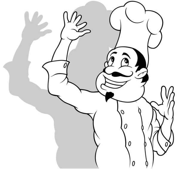 Zeichnung Eines Fröhlichen Kochs Der Mit Den Händen Gestikuliert Cartoon — Stockvektor