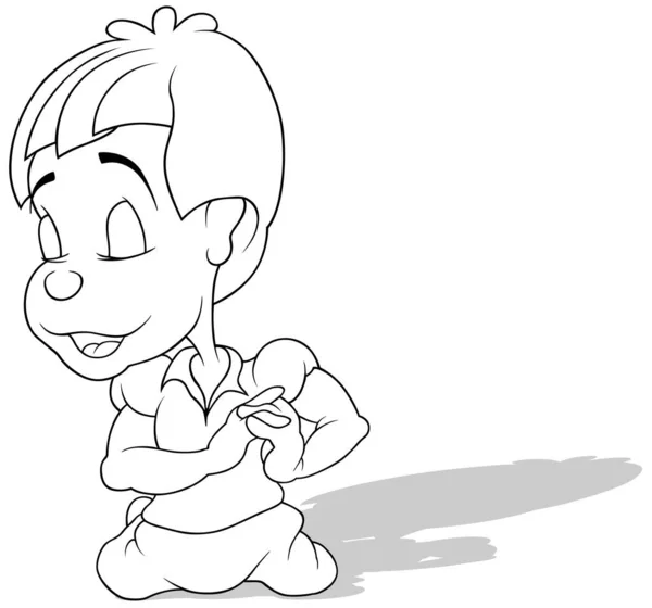 Zeichnung Eines Knienden Jungen Mit Verträumtem Gesicht Cartoon Illustration Auf — Stockvektor
