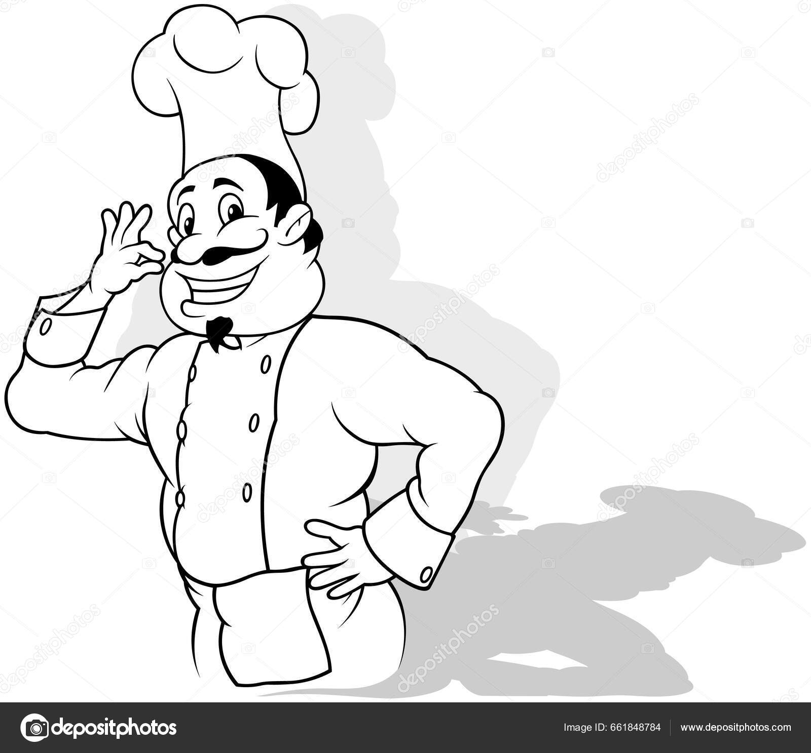 Drawing Smiling Chef White Uniform Showing Food Delicacy Cartoon
