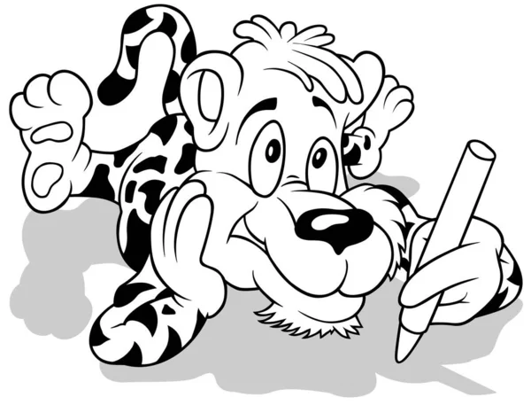 Zeichnung Eines Liegenden Tigers Mit Einem Wachsmalstift Der Pfote Cartoon — Stockvektor