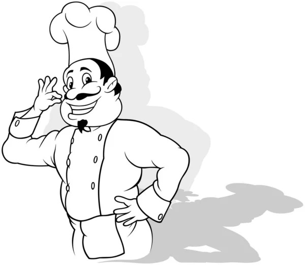 Disegno Uno Chef Sorridente Uniforme Bianca Che Mostra Che Cibo — Vettoriale Stock