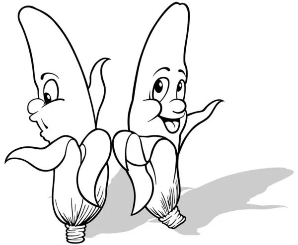 Kresba Dvou Banánů Tvářemi Karikatura Ilustrace Izolované Bílém Pozadí Vektor — Stockový vektor