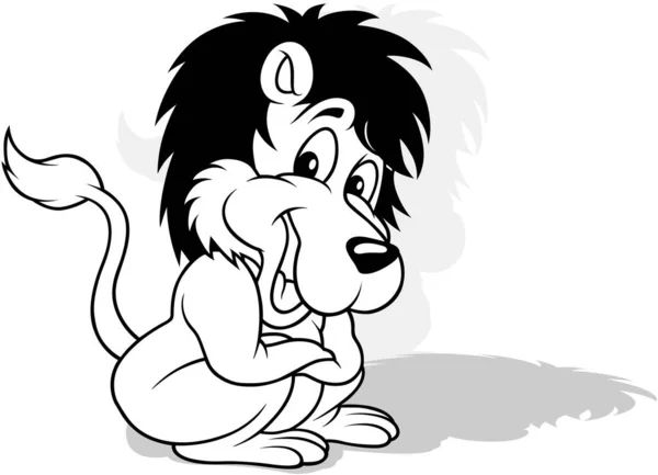 Tekening Van Een Zittende Leeuw Met Gedraaid Hoofd Cartoon Illustration — Stockvector