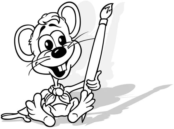 Rysunek Myszy Siedzącej Ziemi Pędzlem Łapie Ilustracja Kreskówki Izolowana Białym — Wektor stockowy