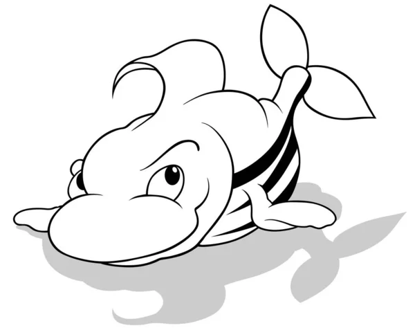 Zeichnung Eines Gestreiften Meeres Fisches Auf Dem Bauch Liegend Cartoon — Stockvektor
