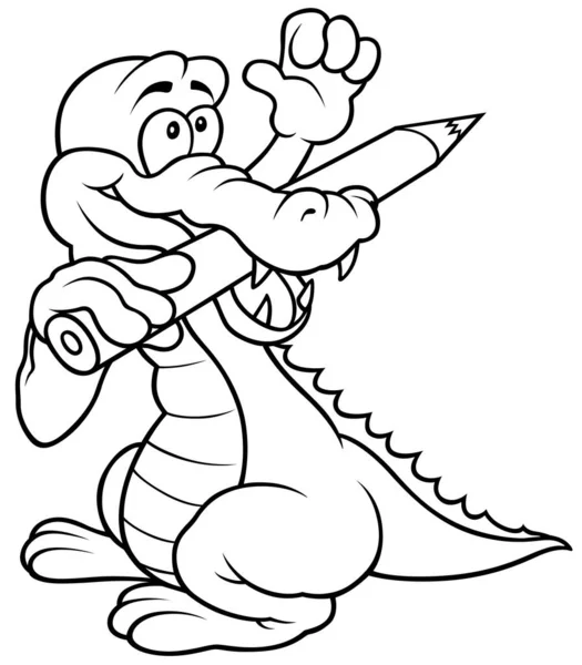 Zeichnung Eines Lustigen Krokodils Mit Wachsmalstift Mund Cartoon Illustration Auf — Stockvektor