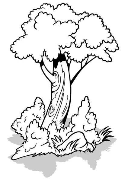 茂みと石のある落葉樹のドローイング 漫画イラストIsolated White Background Vector — ストックベクタ
