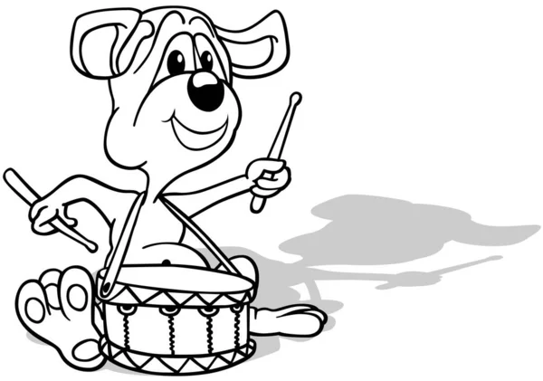 Drawing Doggy Small Drum Sitting Ground Cartoon Illustration Isolated White — стоковий вектор