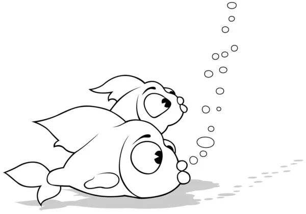 Zeichnung Zweier Kleiner Meeresfische Mit Blasen Cartoon Illustration Auf Weißem — Stockvektor