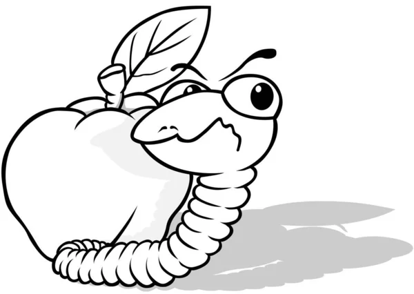 在苹果前画出蠕虫 以白色背景为背景的卡通图解 — 图库矢量图片