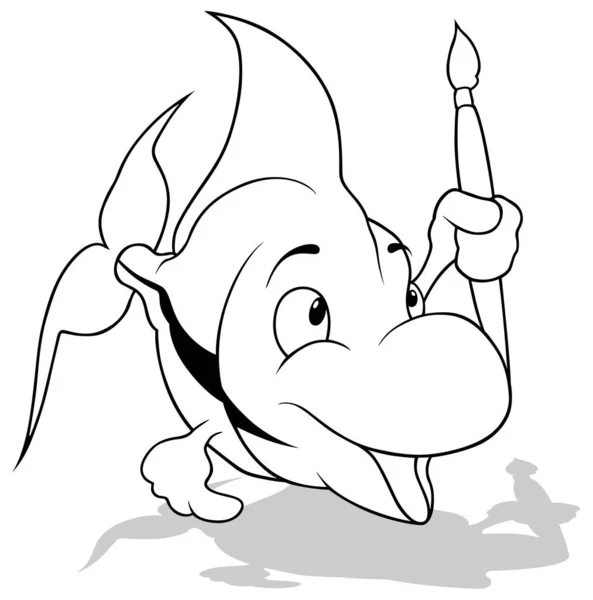 Zeichnung Eines Niedlichen Kleinen Fisches Mit Pinsel Der Flosse Cartoon — Stockvektor