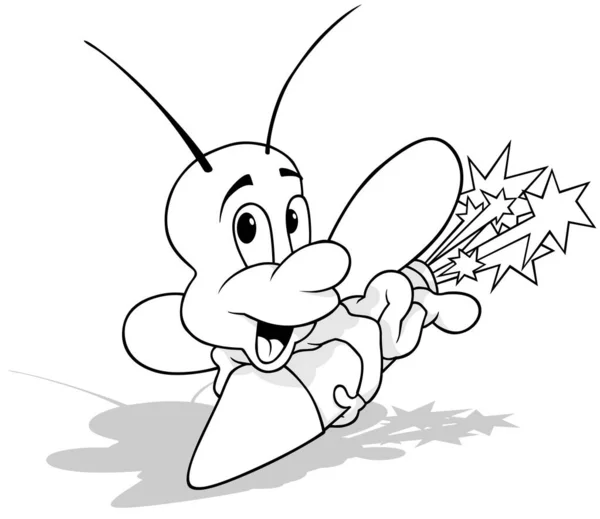 Drawing Beetle Sitting Firework Rocket Cartoon Illustration Isolated White Background — Stock Vector