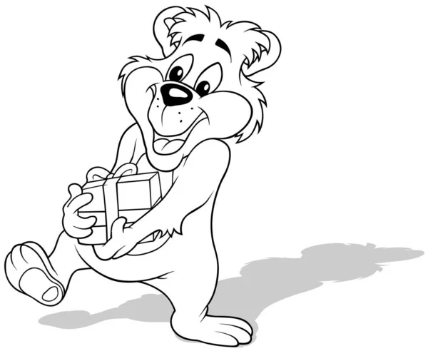 Drawing Cute Smiling Teddy Bear Holding Gift His Paws Cartoon — 스톡 벡터