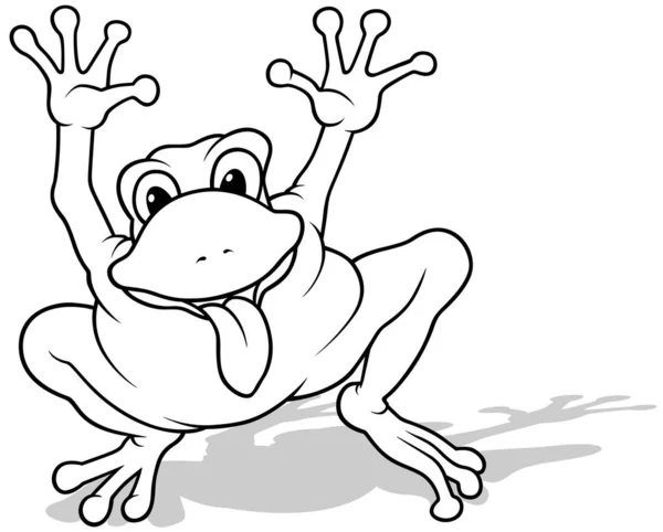 Zeichnung Eines Lustigen Frosches Mit Erhobenen Pfoten Cartoon Illustration Auf — Stockvektor