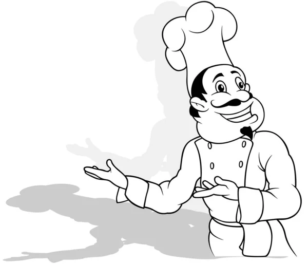 Beyaz Üniformalı Gülümseyen Bir Aşçının Çizimi Elleriyle Işaret Ediyor Beyaz — Stok Vektör